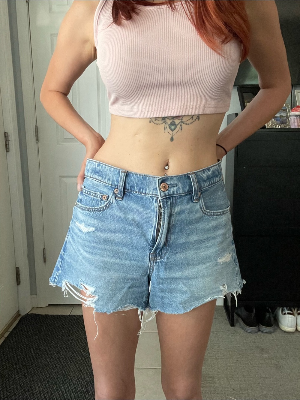 American Eagle Outfitters Light Blue Distressed High-Rise Denim Shorts